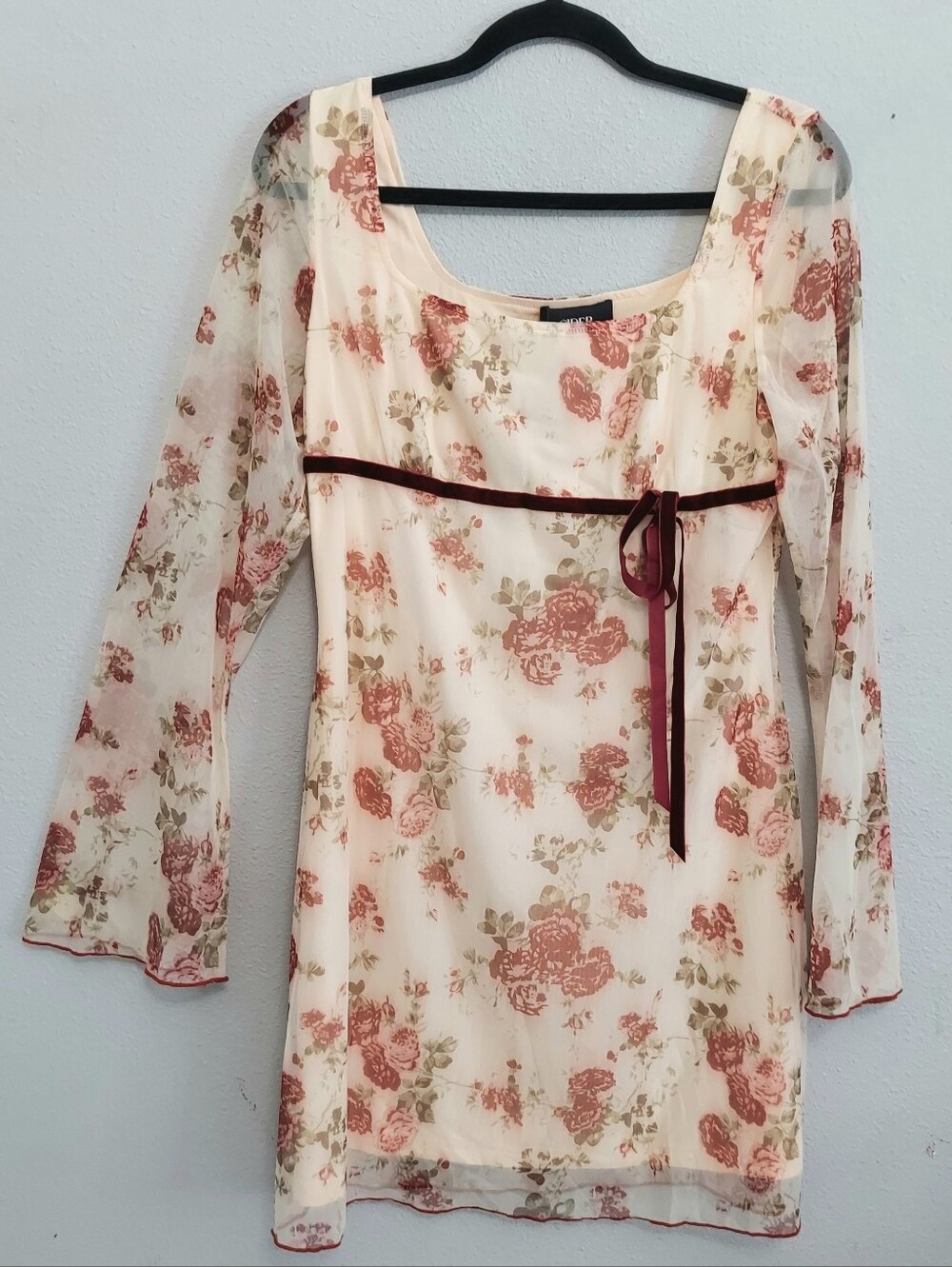 NWT Cider Floral Mesh Print Babydoll Mini Dress Cream Juniors Size XL Y2K